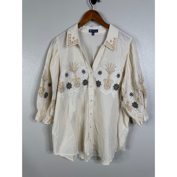 Democracy Tops - Democracy Womens XL Cream Eyelet Embroidered Boho Button Front Top B7020D3E